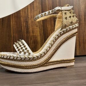 Christian Louboutin White and Gold Studded Wedges